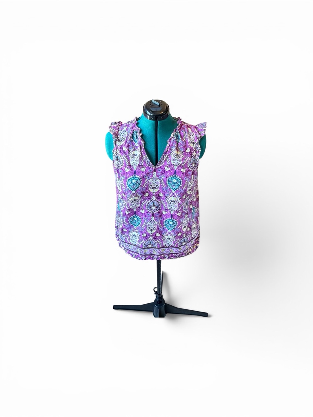 Talbots Purple Floral and Paisley Patterned Ruffle sleeveless blouse Size Large - Picture 2 of 4